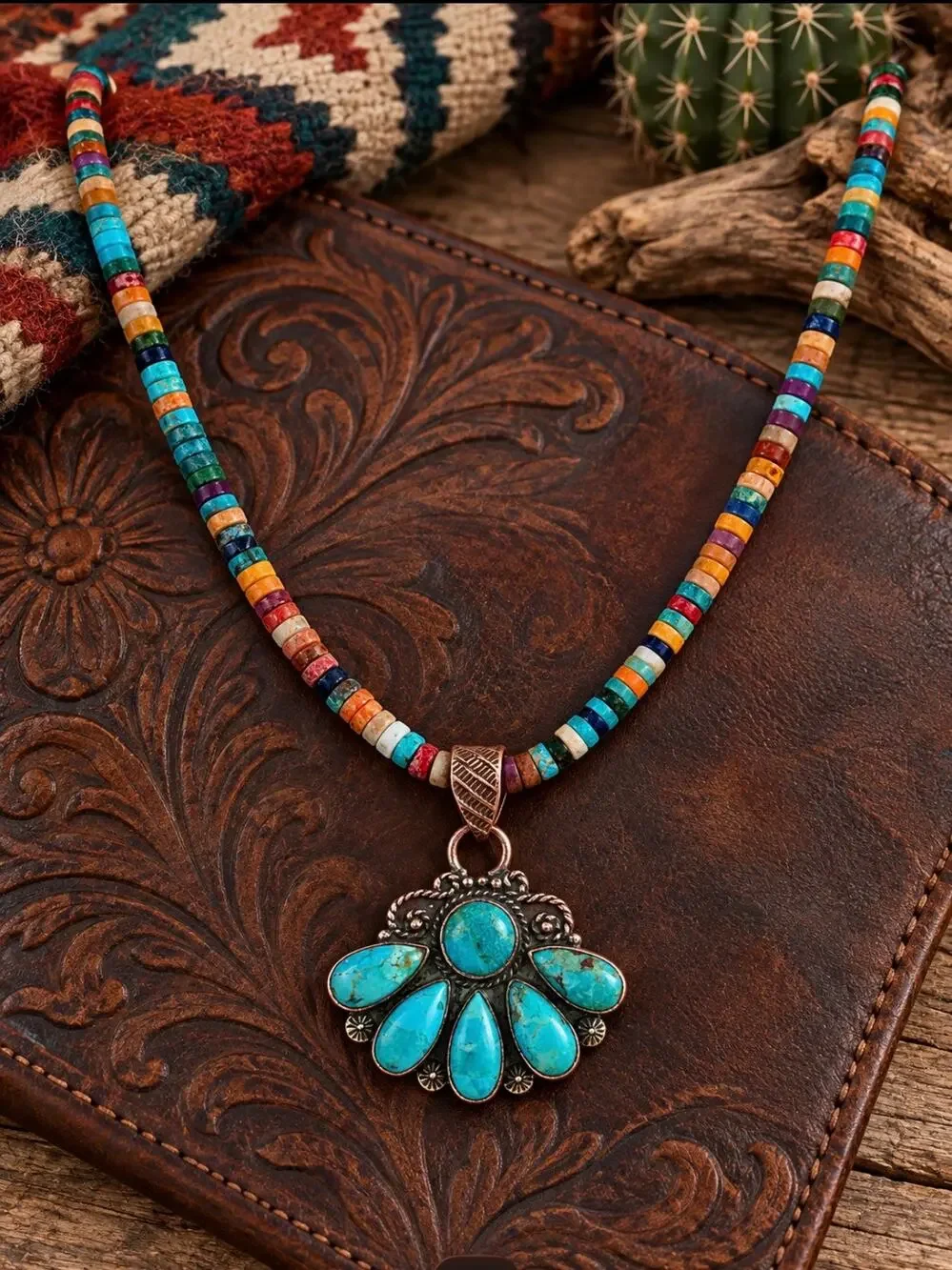 Mojave Turquoise Copper Fan Pendant Heishi Necklace – 18